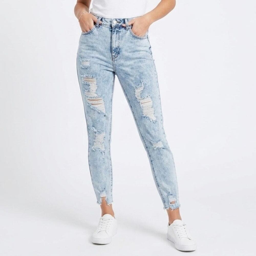 Tinseltown Women's Stonewash Skinny Jeans 5 High Rise Distressed Raw Hem Denim